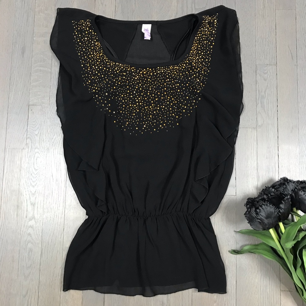 alya Gold Metallic Ruffle Short Sleeve Sheer Top